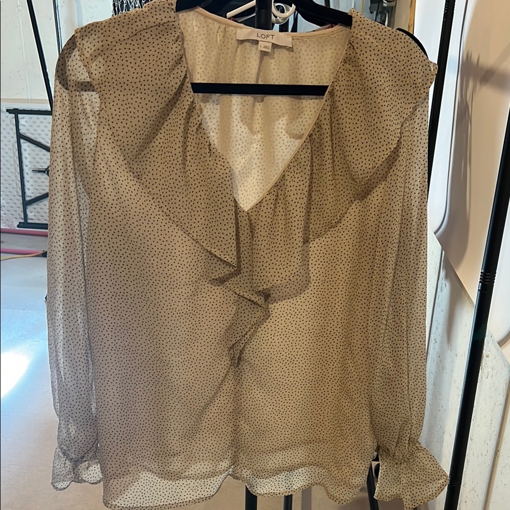LOFT Cream Ruffled Long Sleeve Blouse